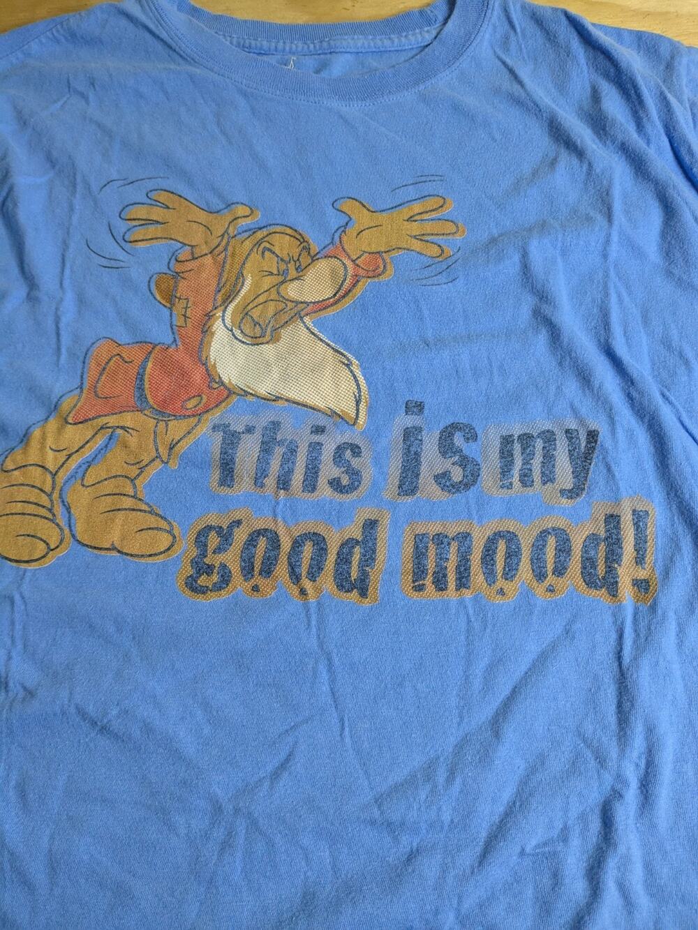 Disney Women's Tee Shirt Sz XL Blue Grumpy Dwarf Good Mood Tee Short Sleeve